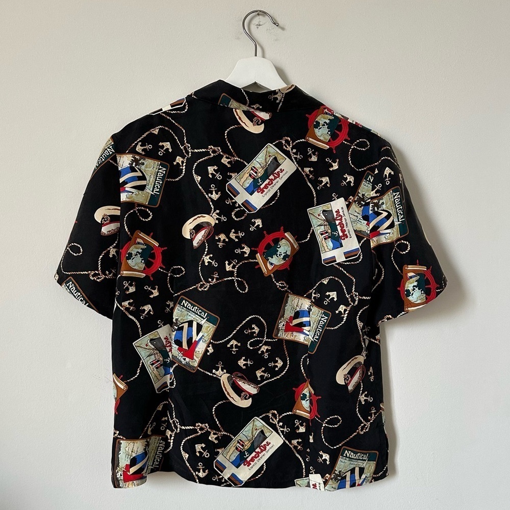 Vintage 100% Silk Nautical Print Button Down Shirt Black Casual Corner L - Picture 2 of 6